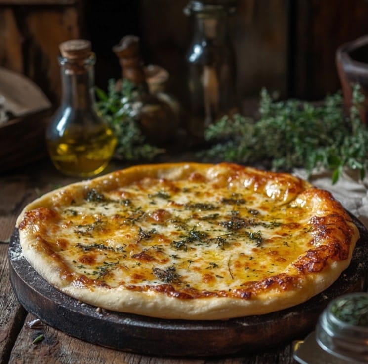 A whole pizza rustica freshly baked with a golden crust.