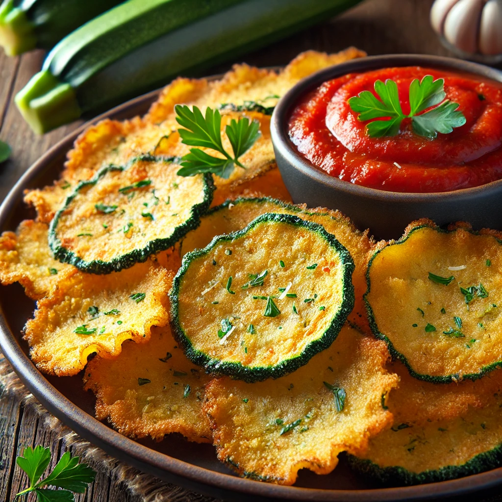 A plate of crispy zucchini Parmesan chips with a golden crust, garnished with parsley.