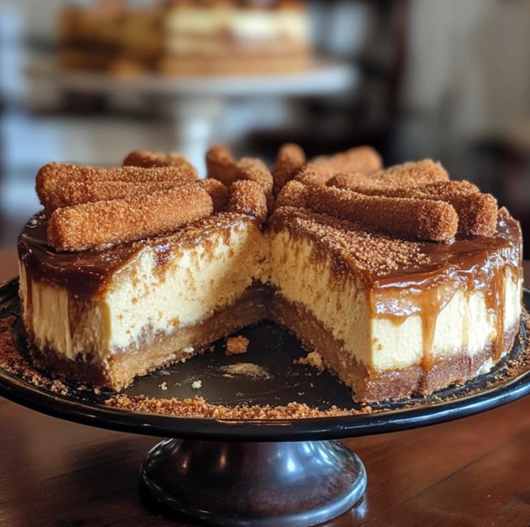 A slice of churro cheesecake with cinnamon-sugar topping on a plate.