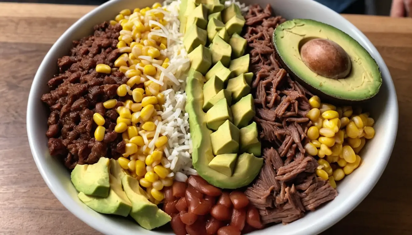 A taco bowl being assembled with fresh ingredients.
