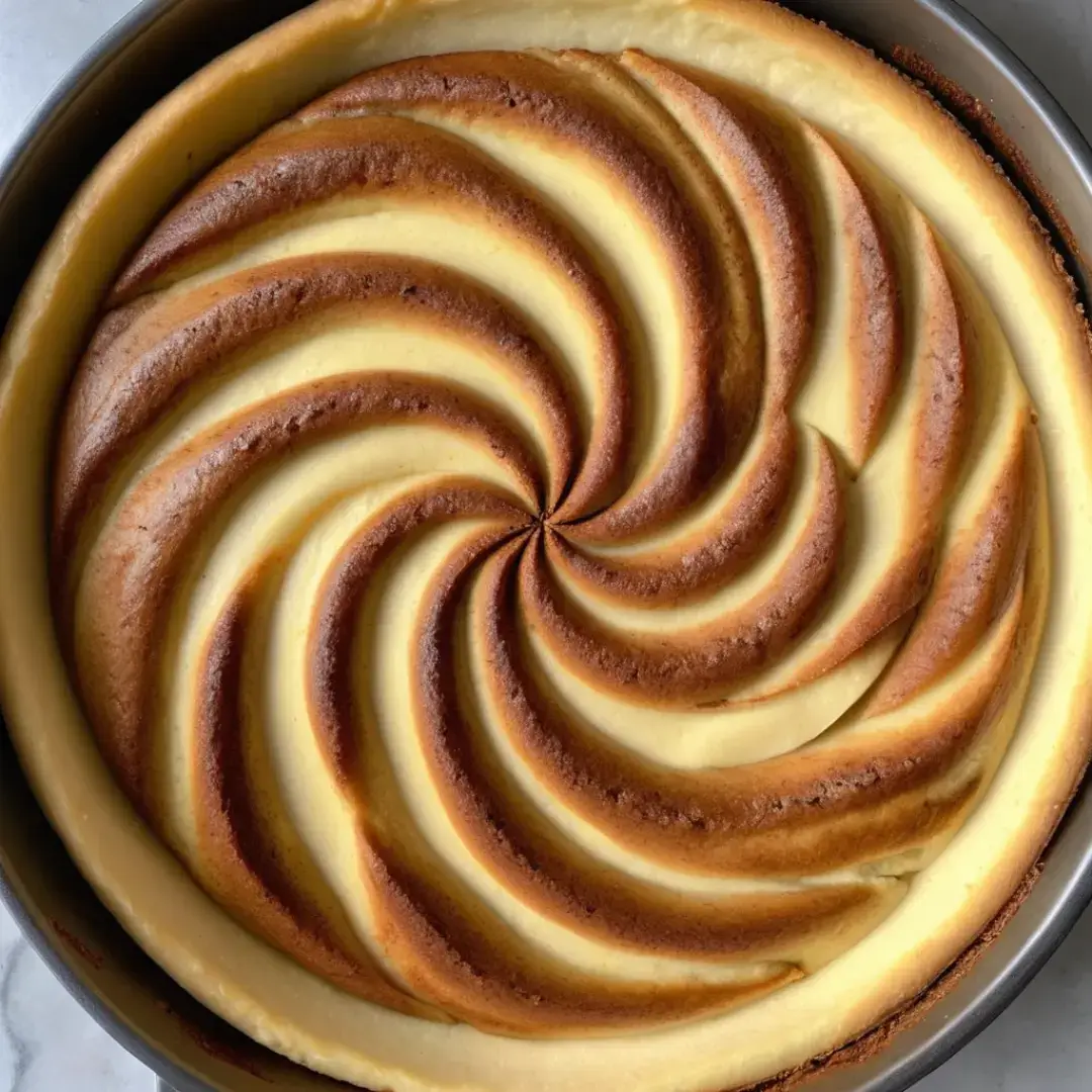 A creamy cheesecake batter with a cinnamon swirl design