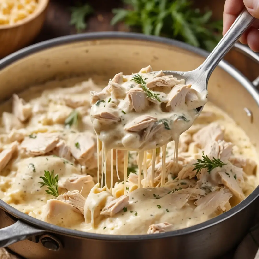 Creamy Alfredo chicken filling scooped for assembling Garlic Parmesan Chicken Alfredo Wraps.
