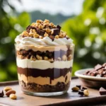 Layered loaded brownie cheesecake dessert cup with caramel drizzle and chocolate chunks