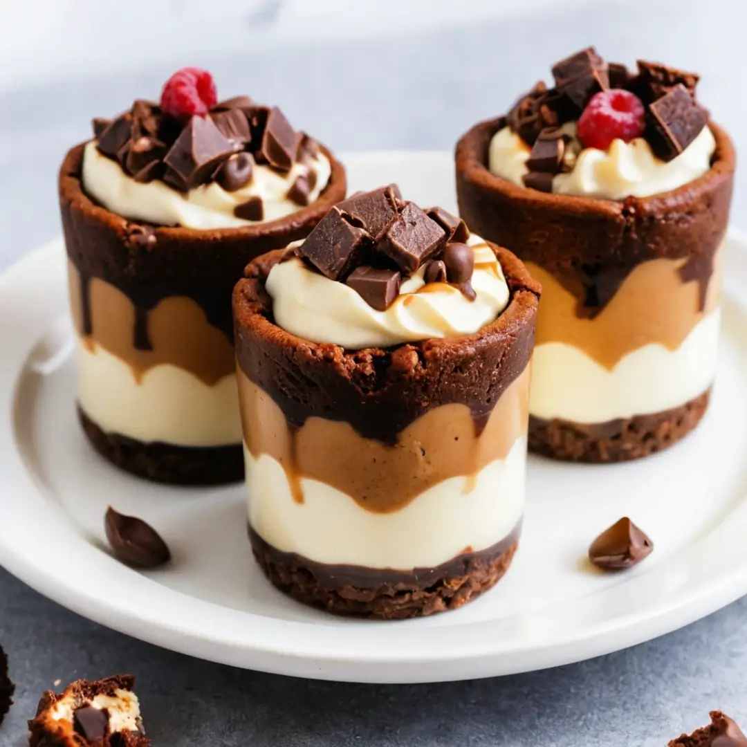 Loaded brownie cheesecake dessert cups with chocolate drizzle and whipped cream
