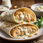 Garlic Parmesan Chicken Alfredo Wraps close-up showing crispy golden chicken and creamy Alfredo sauce inside a flour tortilla.