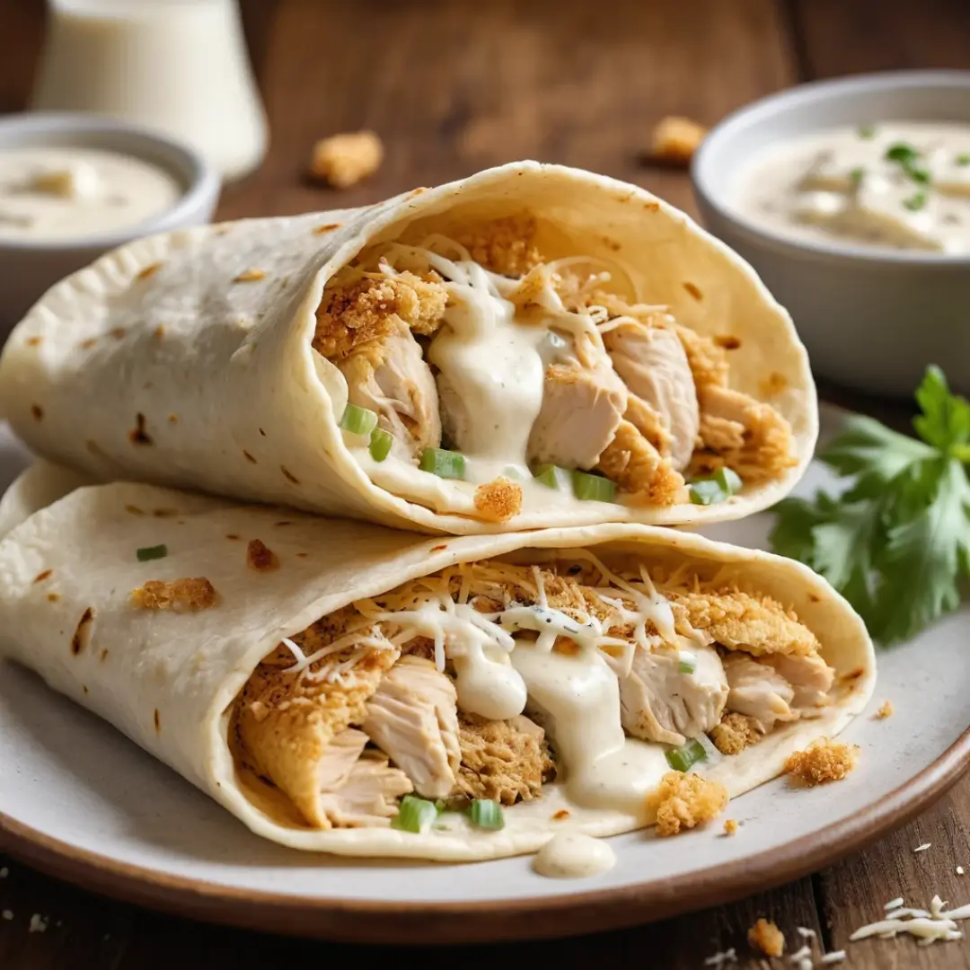 Garlic Parmesan Chicken Alfredo Wraps close-up showing crispy golden chicken and creamy Alfredo sauce inside a flour tortilla.
