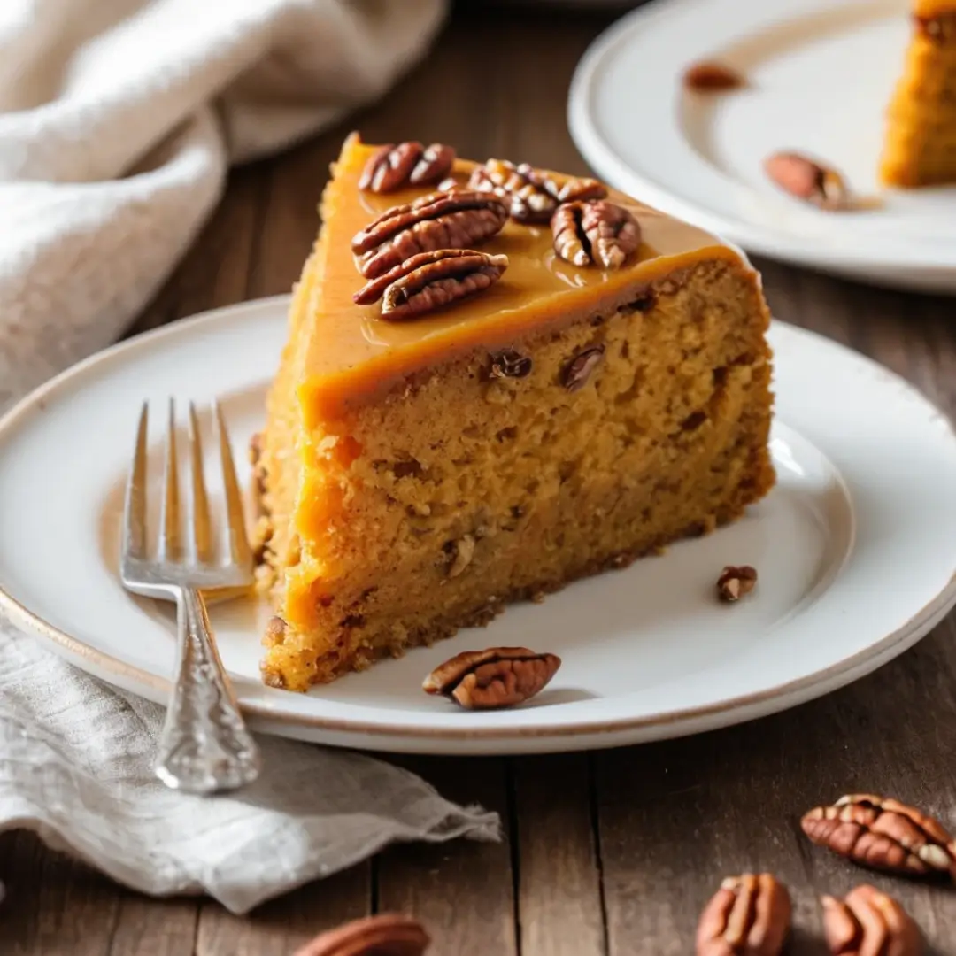 Single slice of Grandma’s Famous Sweet Potato Pound Cake with brown butter glaze and pecans