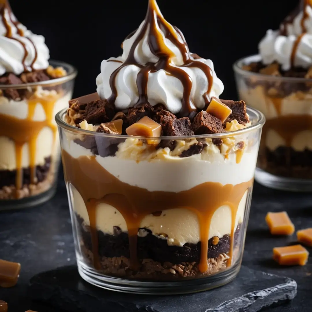 Layered loaded brownie cheesecake dessert cup with fudge, whipped cream, and toppings