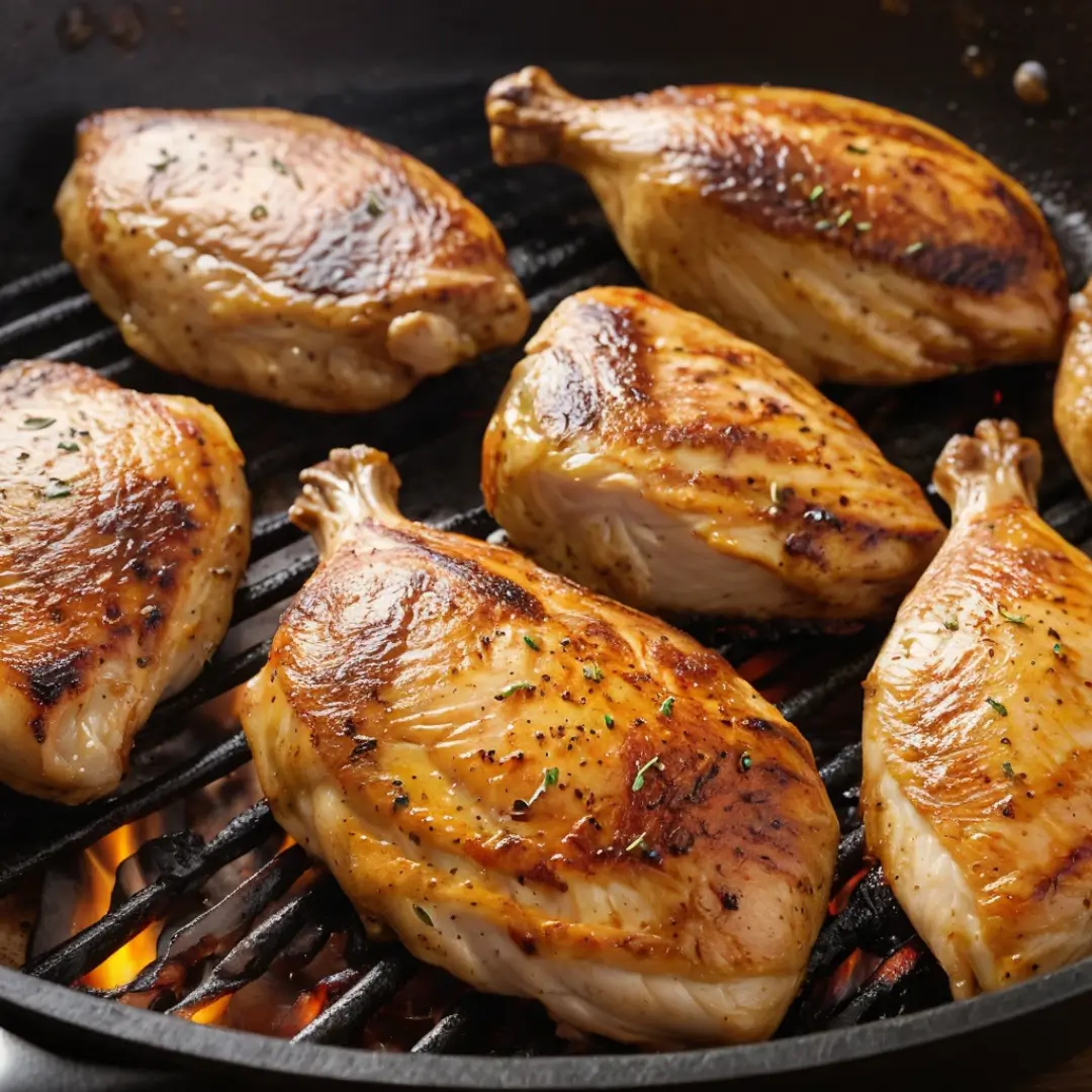 Seasoned chicken breasts searing in a hot skillet for Garlic Parmesan Chicken Alfredo Wraps.