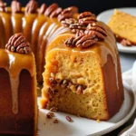 Close-up of sliced Grandma’s Famous Sweet Potato Pound Cake with brown butter glaze and pecans Sweet Potato Butter Cake