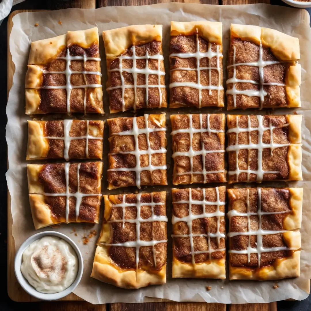 Cinnamon sugar pizza slices with glaze on a wooden board
