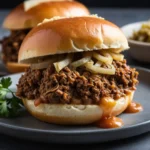 French Onion Beef Sloppy Joes sandwich with Swiss cheese on brioche bun