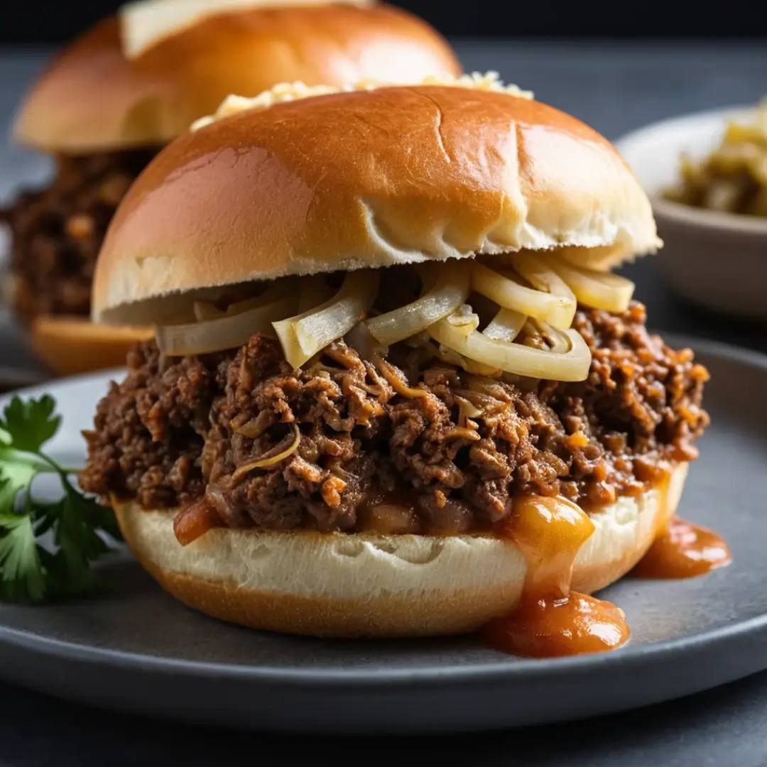 French Onion Beef Sloppy Joes sandwich with Swiss cheese on brioche bun