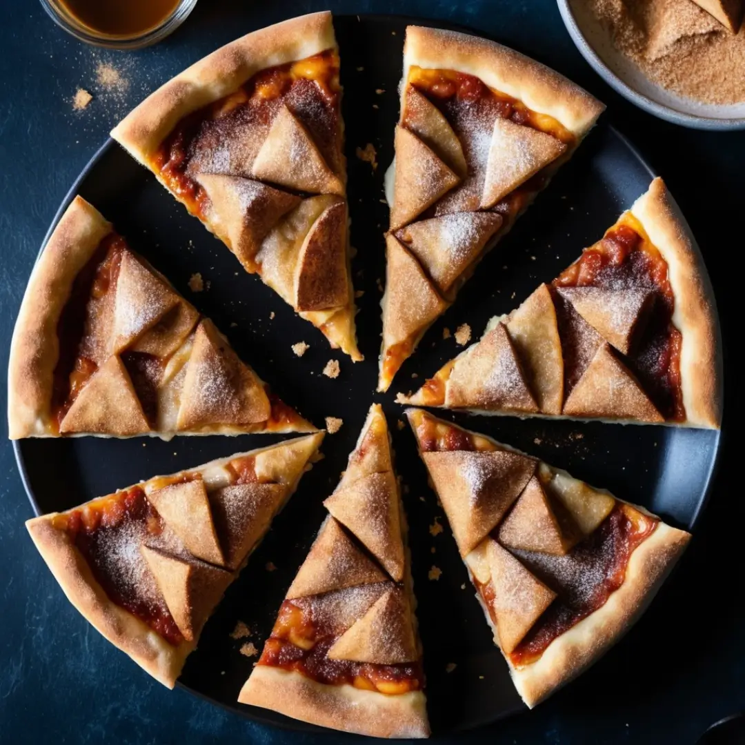 Cinnamon sugar pizza fresh out of the oven, sliced into wedges