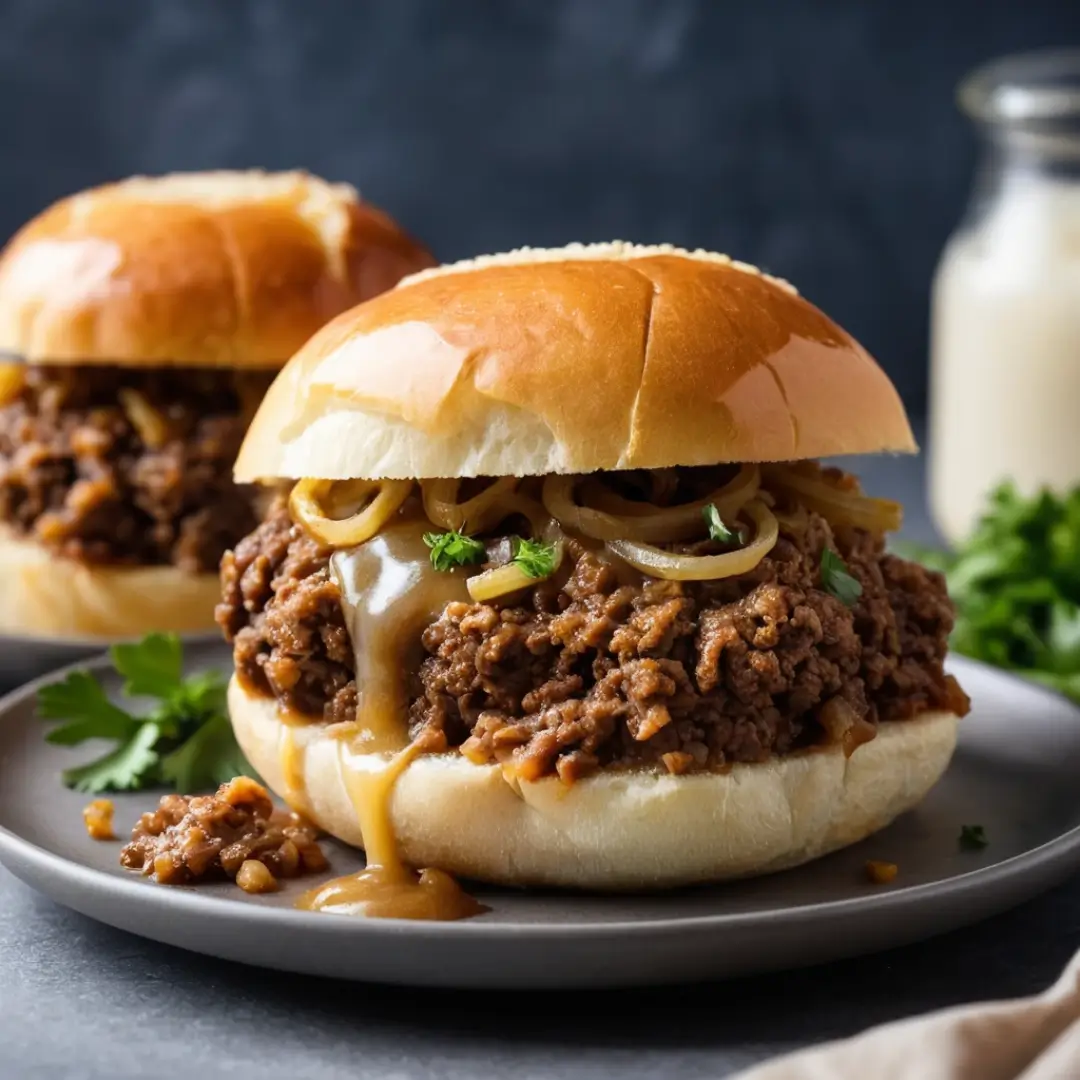 French Onion Beef Sloppy Joes with melted Swiss cheese on toasted bun