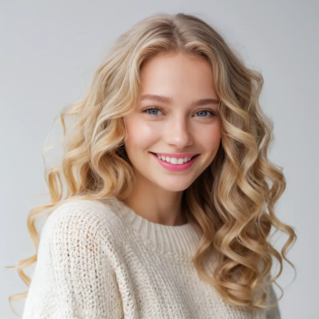 Smiling young woman with long curly blonde hair wearing a cream-colored knitted sweater, looking at the camera against a light gray background.